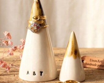 Personalized Ring Holder Cone Set, Porcelain Mountain, Wedding Gift