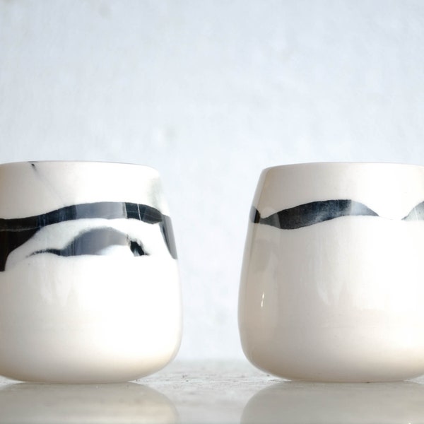 Whiskey/Wine/Coffee/Ceramic Cup/Tumbler/ Stemless. Handmade Modern Pottery, Marbled Black  White Porcelain, Modern Ceramic Mug, Wine tumbler