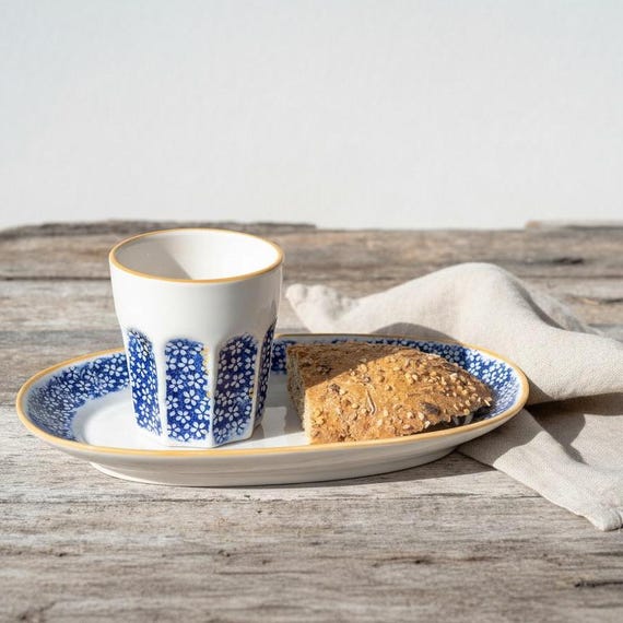 Handgefertigte Keramik Espresso Tassen Set, Blumenmuster, Vintage-Stil