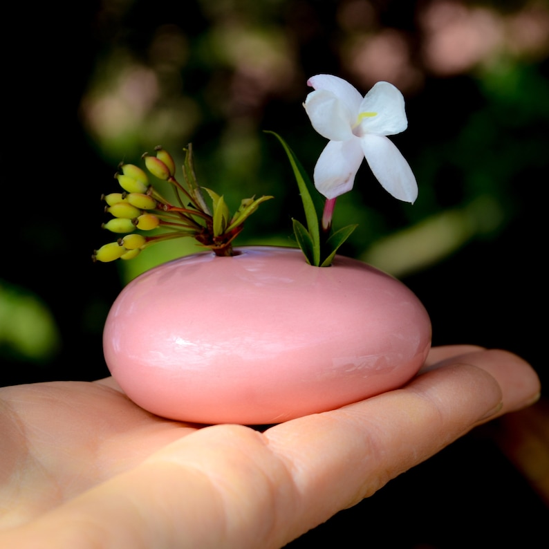 May include: A small pink ceramic vase with a single white flower and green leaves. The vase is sitting in a person's hand.