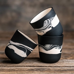 Handmade Ceramic Tea and Coffee Cup - Modern Minimalist Porcelain Espresso Cup in Black and White Pottery