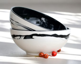 2 Ceramic Bowl Black, Pottery Bowl Modern Porcelain, Bowl Black White Ceramic Dinnerware Set / Cereal / Ramen / Noodles / Dessert