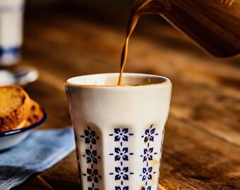 Juego de tazas de café espresso de cerámica, cerámica japonesa retro azul, estilo floral.