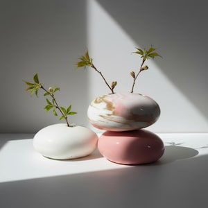 Puede incluir: Tres jarrones de cerámica apilados, cada uno con una forma redondeada similar a un guijarro. El jarrón inferior es de color rosa liso, el del medio es blanco con vetas rosas y marrones, y el superior es blanco. Cada jarrón contiene una ramita de vegetación.