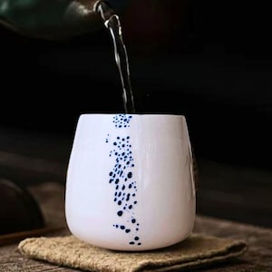 Stemless Ceramic Wine Glass, Unique Handmade Ceramic Tumbler 8 oz, Whiskey  wine coffee tea Cup, Porcelain White blue Japan Style Minimalist