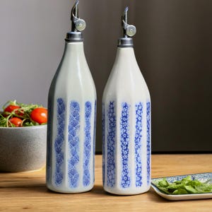 Ceramic olive oil dispenser, Custom olive oil bottle , Housewarming gift, pottery oil cruet, wedding gift,decor cuisine,white blue porcelain