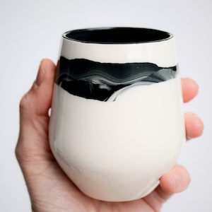 Handmade Porcelain Wine Tumbler: Black Stripe Ceramic Cup