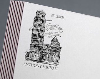Tower of Pisa Book stamp, Library Stamp, from the library of, Ex-Libris Rubber Stamp, bookplate stamp, italiy stamp, custom rubber stamp