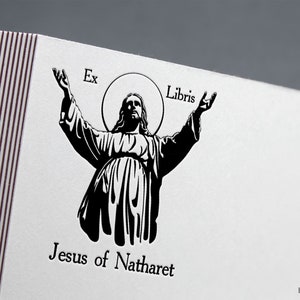 Kom tot mij, Jezus Christus, boekstempel, ex-librisstempel, bibliotheekstempel, ex-librisstempel, lithografiestempel, aangepaste rubberstempel.