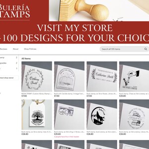 May include: A website screenshot showing a variety of custom rubber stamps for sale. The stamps feature different designs, including a book with a candle, a flower, a chess piece, a wolf, and a tree. The website is called "Buleria Stamps" and has a red background with the text "Visit My Store + 100 Designs For Your Choice".