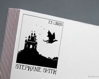 Book stamp, Dragon flying over the castle, ex libris stamp, Ex-Libris Rubber Stamp, bookplate stamp, lithography stamp, custom rubber stamp