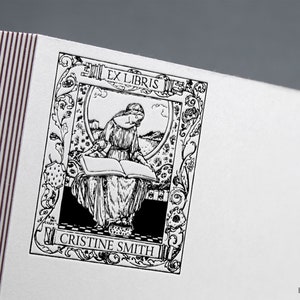 Timbro di libro, donna che legge, timbro ex libris, timbro di biblioteca, timbro di gomma ex libris, timbro ex libris, timbro litografico, timbro di gomma personalizzato