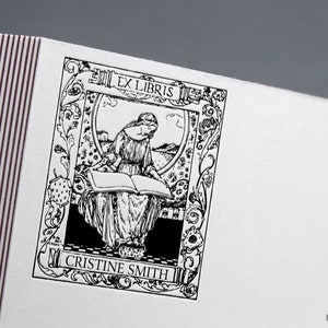 Book stamp, woman reading, ex libris stamp, Library Stamp, Ex-Libris Rubber Stamp, bookplate stamp, lithography stamp, custom rubber stamp