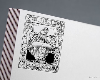 Book stamp, woman reading, ex libris stamp, Library Stamp, Ex-Libris Rubber Stamp, bookplate stamp, lithography stamp, custom rubber stamp