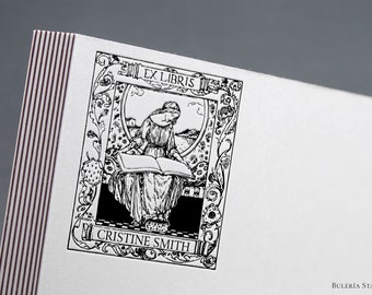 Book stamp, woman reading, ex libris stamp, Library Stamp, Ex-Libris Rubber Stamp, bookplate stamp, lithography stamp, custom rubber stamp