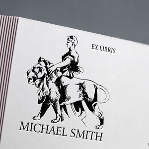 Boekstempel, Man met leon, ex libris-stempel, bibliotheekstempel, ex-libris-rubberstempel, ex-librisstempel, lithografiestempel, aangepaste rubberstempel.