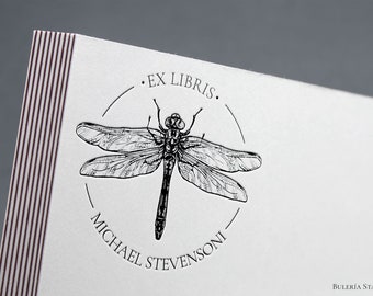 Dragonfly Ex Libris Rubber Stamp, Custom Library Book Stamp