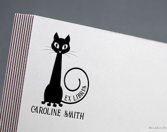 CAT ex libris stempel, Cat illustratie, Boek stempel, ex libris stempel, literatuur Stempel, ex-libris stempel kat, kat bibliotheek ex libris stempel