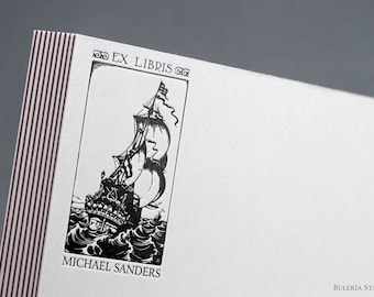 Francobollo di galeone inglese, ex libris, timbro di biblioteca