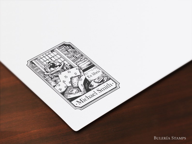 May include: Black and white illustration of a book-filled room with a globe, books, and a chair. The text "Ex Libris" and ".Michael Smith." are included in the image.