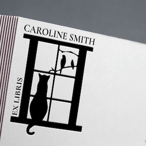 Chat regardant par la fenêtre, tampon livre, tampon ex libris, tampon bibliothèque, tampon Ex-Libris, tampon ex-libris.
