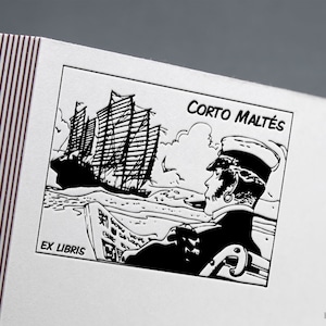 Corto Maltees-strip, boekstempel, ex libris-stempel, stripstempel, bibliotheekstempel, ex-libris-rubberstempel, ex-librisstempel, aangepaste rubberstempel.
