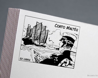 Corto Maltese fumetto, timbro di libro, timbro ex libris, timbro di fumetti, timbro di biblioteca, timbro di gomma Ex-Libris, timbro ex libris, timbro di gomma personalizzato