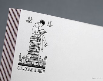 Reading on the City, Ex Libris Rubber Stamp, Library Bookplate Stamp