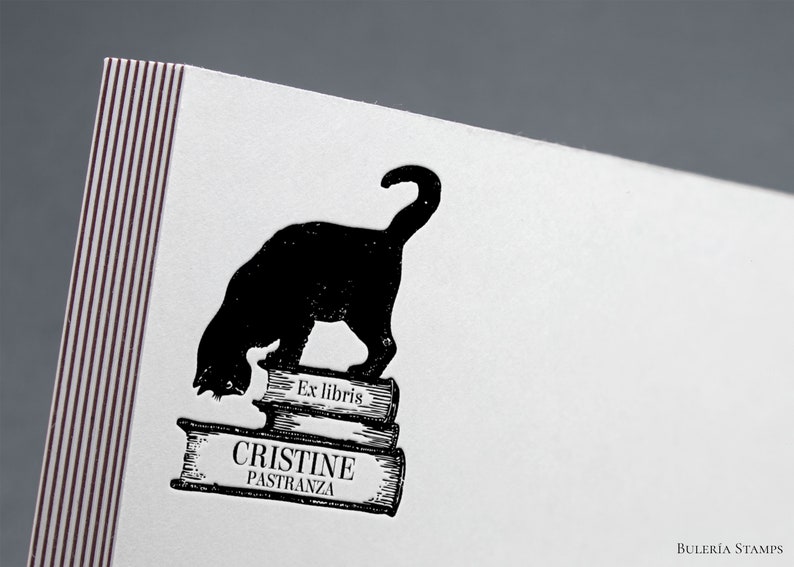 K&ouml;nnte beinhalten: Schwarzwei&szlig;-Illustration einer Katze, die auf einem Stapel B&uuml;cher sitzt. Der Text "Ex libris" und "Cristine Pastranza" ist auf den B&uuml;chern gedruckt.
