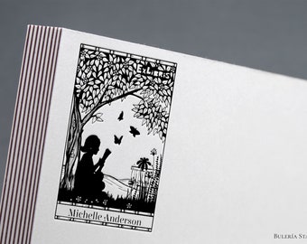 Book stamp, ex libris stamp, girl reading in the garden, Library Stamp, Ex-Libris Rubber Stamp, custom rubber stamp, bookplate stamp