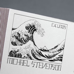 Tampon de livre La grande vague de Kanagawa, tampon ex libris, tampon de la bibliothèque du mont Fuji, tampon personnalisé, tampon d'ex-libris.