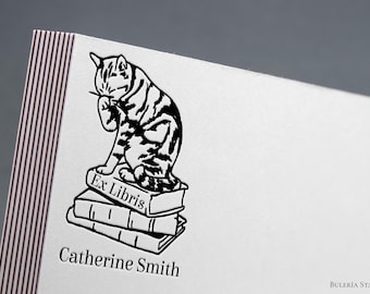 Cat on Books Ex Libris Rubber Stamp, Library Bookplate Stamp