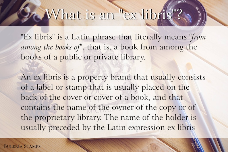May include: A close-up of a book with the text "What is an 'ex libris'?" and a description of what an ex libris is. The book is on a wooden surface with a camera lens, paintbrushes, and a pine cone.