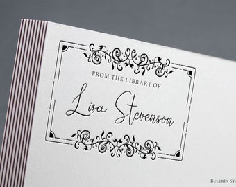Timbro in gomma Ex Libris con cornice floreale vintage, timbro per biblioteca personalizzato