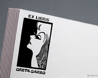 Greta Garbo, timbro per libri, timbro ex libris, timbro biblioteca, timbro ex libris, ex libris, timbro illustrazione, timbro di gomma personalizzato