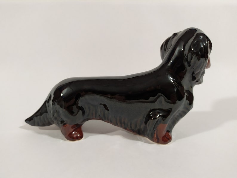 Longhaired Dachshund black and tan faience figurine Etsy