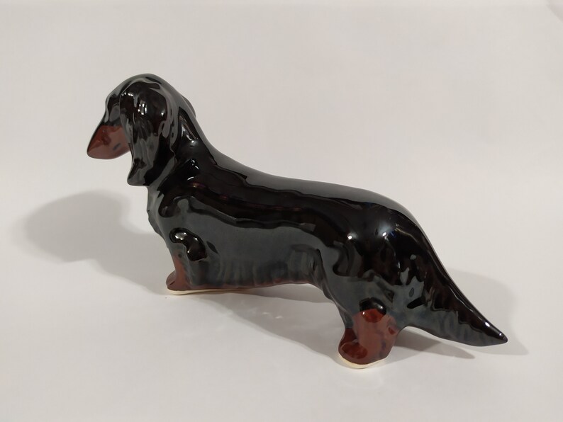 Longhaired Dachshund black and tan faience figurine Etsy