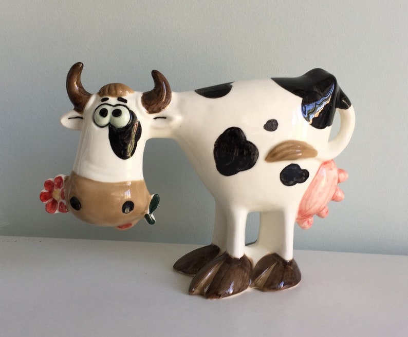 Cow with Chamomile faience figurine handmade funny animal Etsy