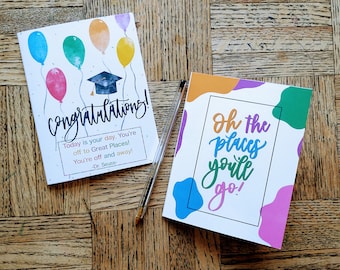 Tarjetas de graduación imprimibles / Dr. Seuss Hoy es tu día Oh, los lugares a los que irás / Handlettered / Descarga instantánea / 4.25"x5.5" / 2 tarjetas