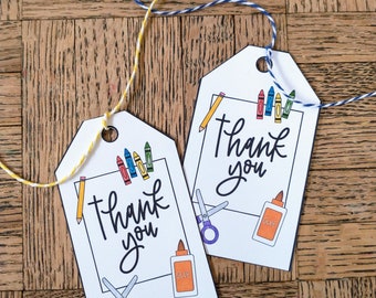 Printable Teacher tag, Thank you with school crafts | Teacher staff appreciation tags | Teacher tags | Thank you tags | instant download