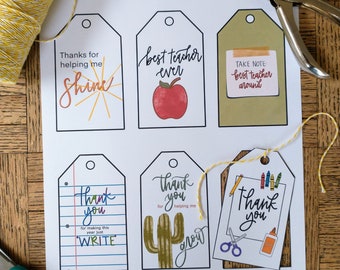 Printable Variety Teacher thank you tags | Teacher staff appreciation tags | Thank you tags | Handlettered digital print | Instant download