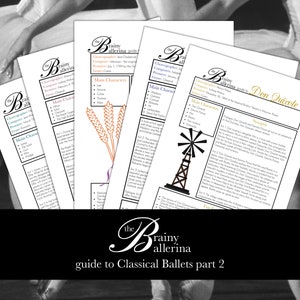 Pode incluir: Um close-up de uma pilha de papéis com o título "The Brainy Ballerina Guide to Classical Ballets Part 2" e o título "Dom Quixote" em um dos papéis. Os papéis são em preto e branco com ilustrações de trigo e um moinho de vento.