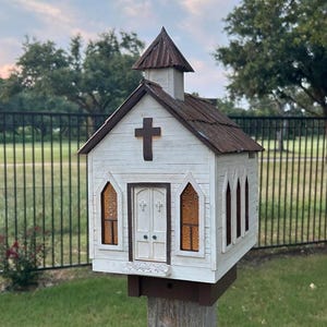 Church Birdhouse, Outdoor Birdhouse, Solar Powered Birdhouse, Tin Roof
