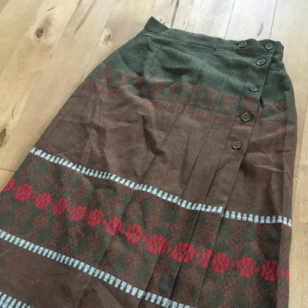 Vintage Women's High Waisted Skirt Retro 1970s Fashion Button 24 Waist Brown Green Red Above the Knee XS Made in Canada