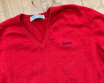 1980er Jahre Burberrys reine Lambswool Strick Pullover Vintage Made in Schottland 100% Wolle bestickt V-Ausschnitt Pullover British Fashion Designer Marke