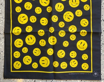 1990s Smiley Face Hav-A-Hank Bandana Vintage Made in USA 50/50 Scarf Western All Over Print Handkerchief Kerchief Hanky