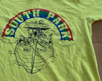 90s Vintage South Park Bible School Kids Tee 1990s Neon Yellow Made in USA Fruit of the Loom Best Single Stitch Rainbow Religion T-shirt