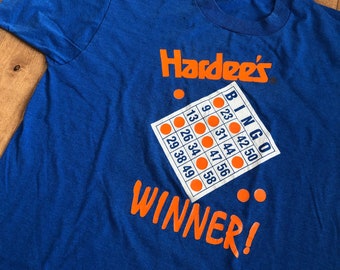 90s Hardee's Fast Food Restaurant T-shirt Vintage 1990s Fruit of the Loom Best Made in USA Single Stitch Bingo Card Winner Streetwear