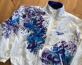 90s Reebok Retro Windbreaker Vintage 1990s 100% Nylon Track Jacket White Purple Blue All Over Print Abstract Sportswear Streetwear