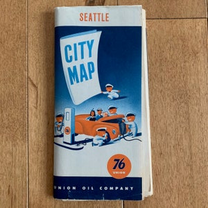 Vintage 1940’s - 1950’s Union 76 Gas Station Seattle City Map Oil Company Petroliana Antique Decorative Promo Item Logo Collectible